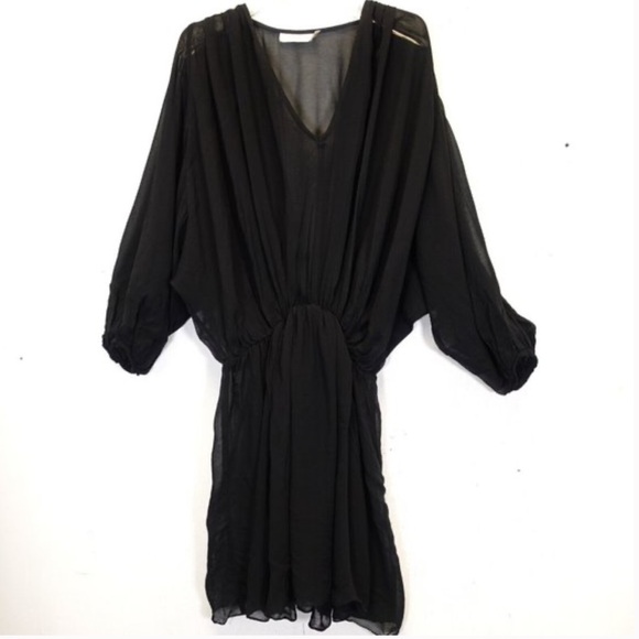 Zimmerman Size 1 (US 6) Black Sheer Short Dress Pleated V Neck Long Sleeves - Picture 6 of 7